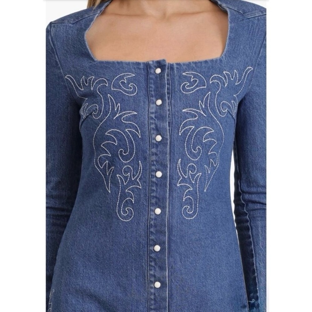 Dress - Avec Les Filles - Blue Denim - Western Boot-Like Embroidered Stitching - Picture 8 of 11
